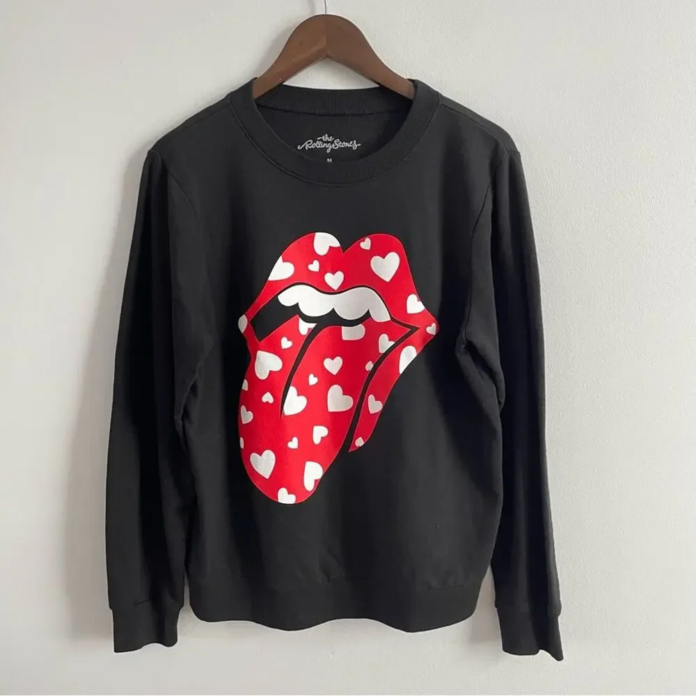 The Rolling Stones | Womens Black & Red Lip Logo With Hearts Sweatshirt Pullover - Picture 2 of 5